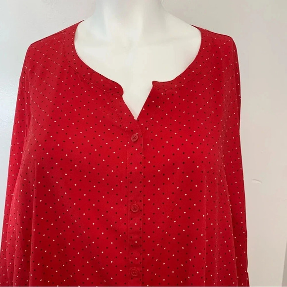 Catherines Blouse Woman 5XL Red Polka Dot Button Up  Roll Tab Work Travel Office - Picture 2 of 12